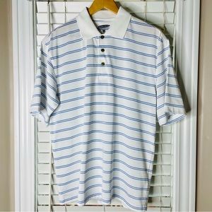 🩷 PEBBLE BEACH PERFORMANCE MEMS SIZE MEDIUM WHITE BLUE PINSTRIPES GOLF SHIRT